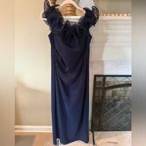 Worn once DJ Jaz Navy gown off the shoulder ruffle and slit in back. Sz 16.
